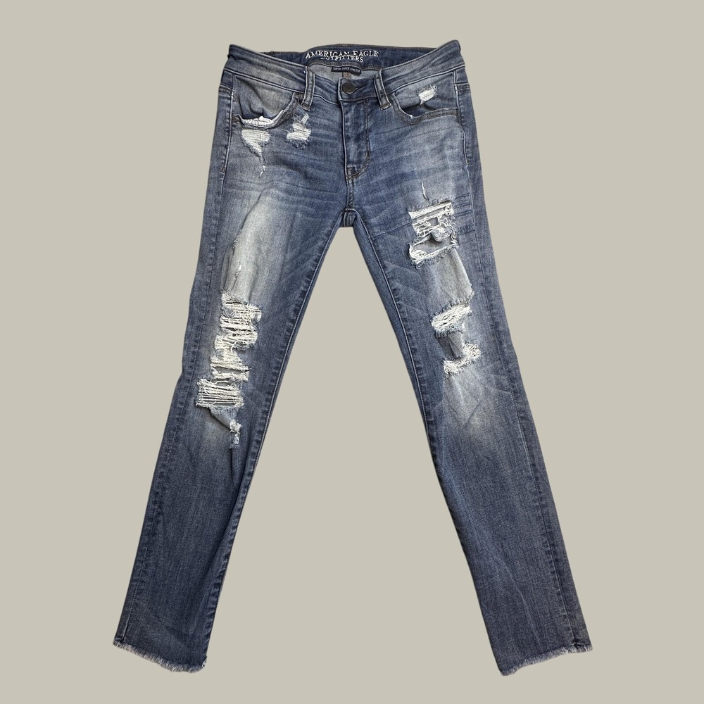 American Eagle Jeggings Womens 4 Jegging Crop Blue Denim Distressed Raw Hem